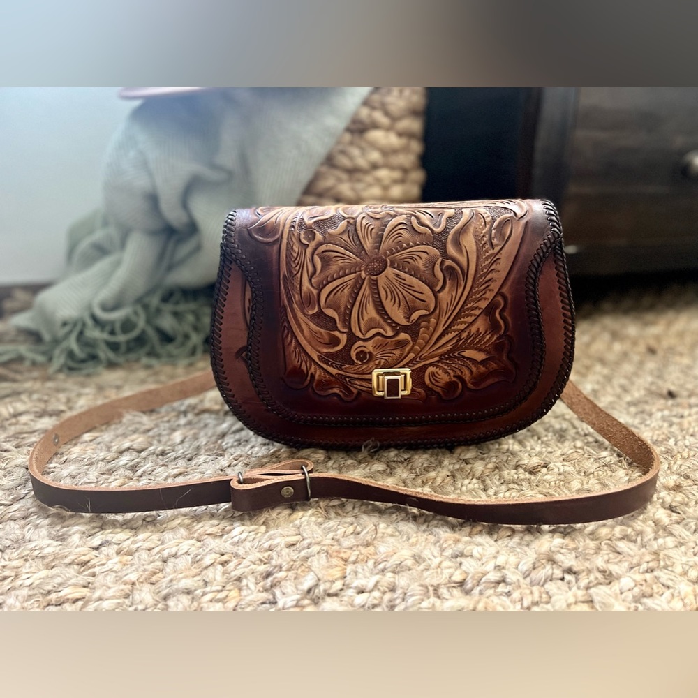 Handmade in Mexico Floral Leather Suede Embossed Crossbody Western Boho Purse